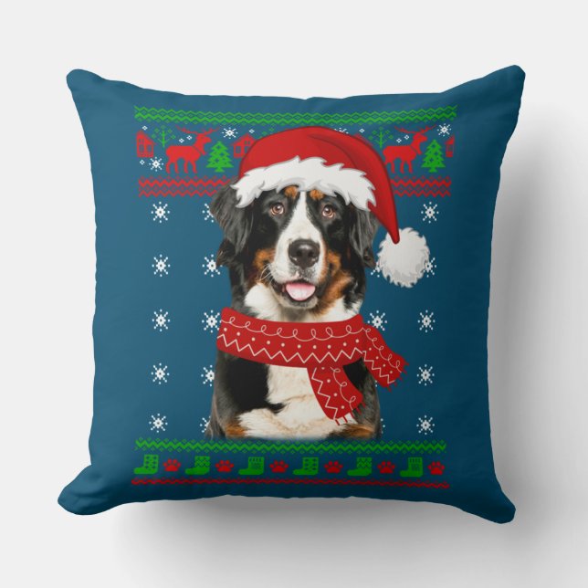 Bernese Mountain Hund Ugly Sweater jul Puppy Kudde (Framsida)