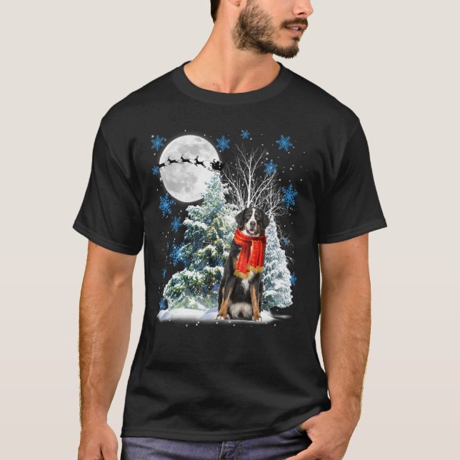 Bernese Mountain Hund under Moonlight Snö Christma T Shirt (Framsida)
