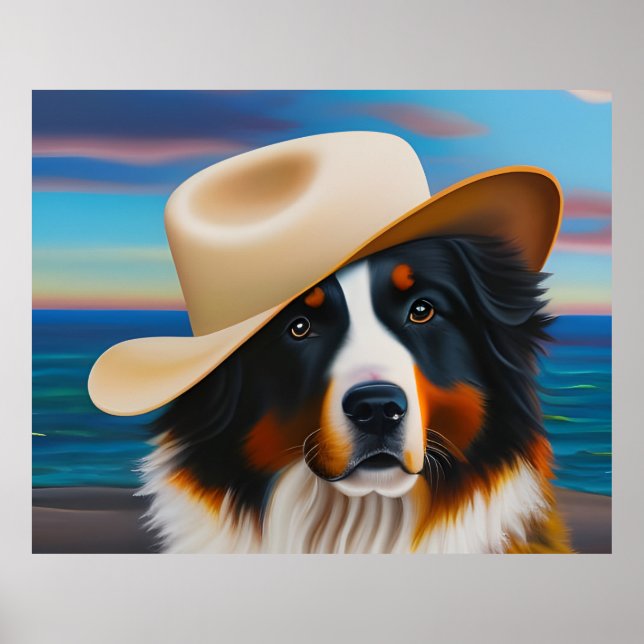 Bernese Mountain Hund vid Beach Poster (Framsidan)