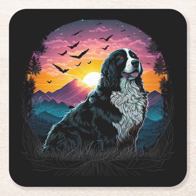 Bernese Mountain Hund with Mountain Sunrise view Underlägg Papper Kvadrat (Framsidan)