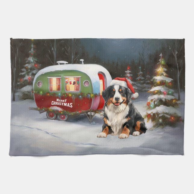 Bernese Mountain Husvagn Juläventyr Kökshandduk (Horisontell)