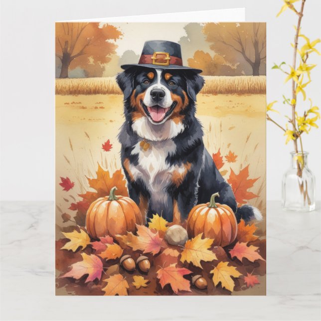 Bernese Mountain in Höst löv Thanksgiving Art Kort (Gul blomma)