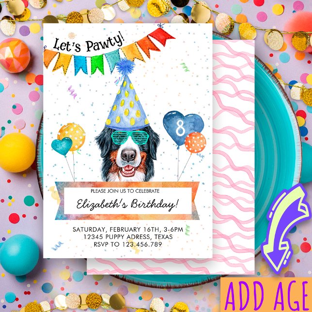 Bernese Mountain Låter Pawty Hund Födelsedagsfiran Inbjudningar (Skapare uppladdad)