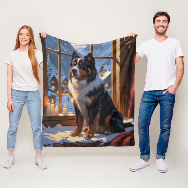 Bernese Mountain med julbelysning semester  Fleecefilt (På plats)