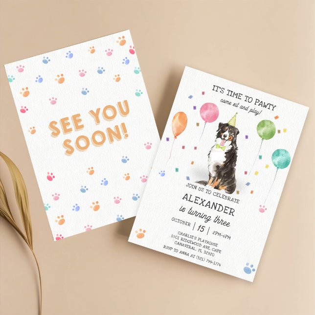 Bernese Mountain Pawty Puppy Birthday Rosa Inbjudningar (Skapare uppladdad)