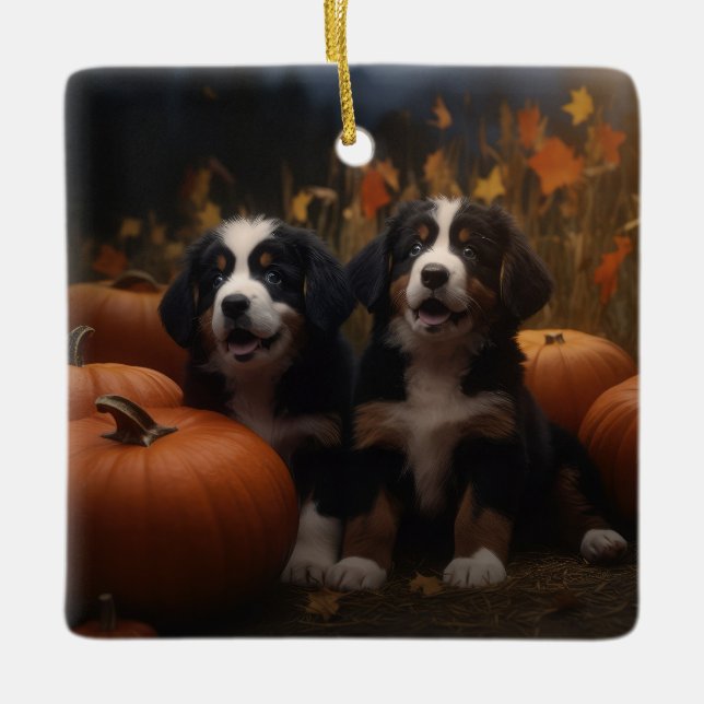 Bernese Mountain Puppy Autumn Delight Pumpkin Julgransprydnad Keramik (Framsida)