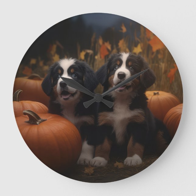 Bernese Mountain Puppy Autumn Delight Pumpkin Stor Klocka (Framsida)