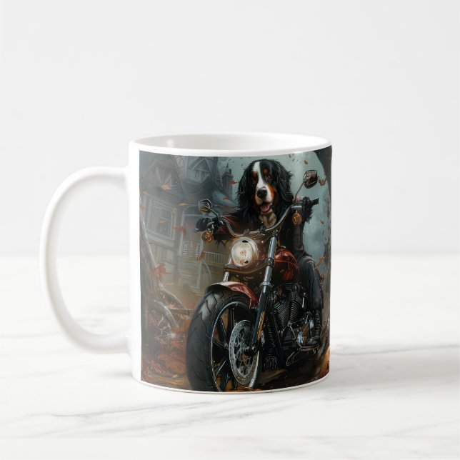 Bernese Mountain Riding Motorcykel Halloween Scary Kaffemugg (Vänster)
