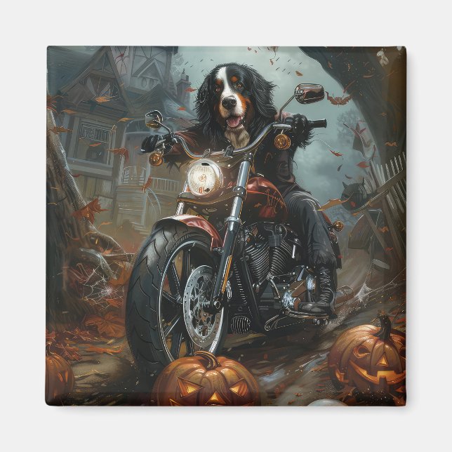 Bernese Mountain Riding Motorcykel Halloween Scary Magnet (Framsidan)