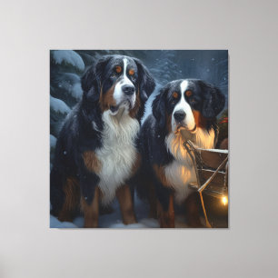 Bernese Mountain Snowy Sleigh Juldekretet Canvastryck