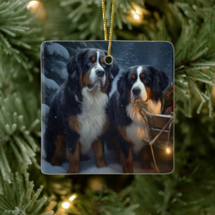 Bernese Mountain Snowy Sleigh Juldekretet Julgransprydnad Keramik