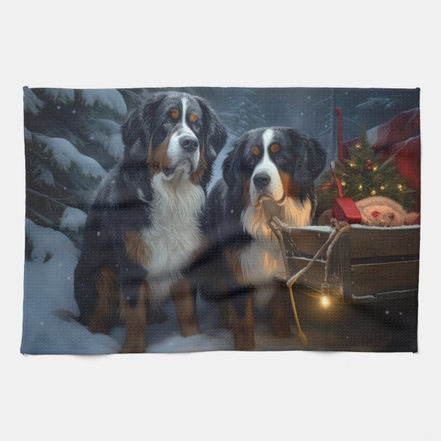 Bernese Mountain Snowy Sleigh Juldekretet Kökshandduk (Horisontell)