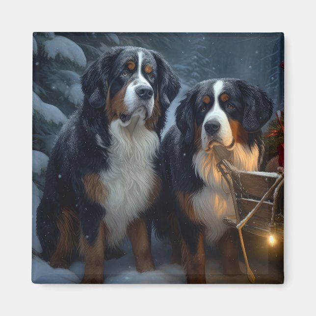 Bernese Mountain Snowy Sleigh Juldekretet Magnet (Framsidan)