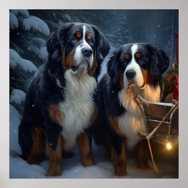 Bernese Mountain Snowy Sleigh Juldekretet Poster (Framsidan)