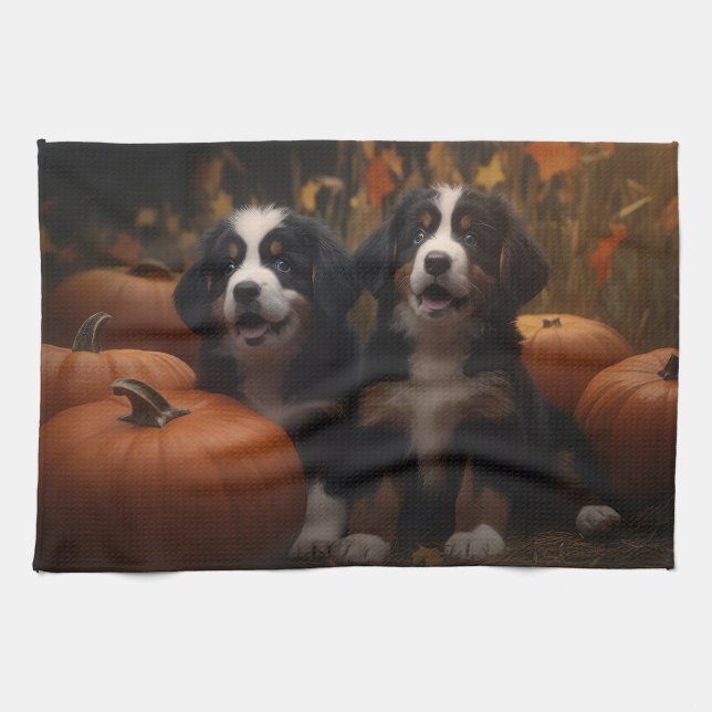 Bernese Mountain Valp Höstglädje Pumpkin Kökshandduk (Horisontell)