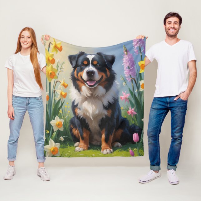 Bernese Mountain Vårblommor Målning Fleecefilt (På plats)