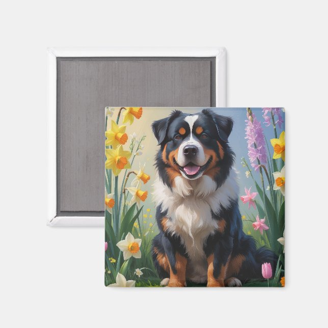Bernese Mountain Vårblomster Målning Magnet (Front/Back)