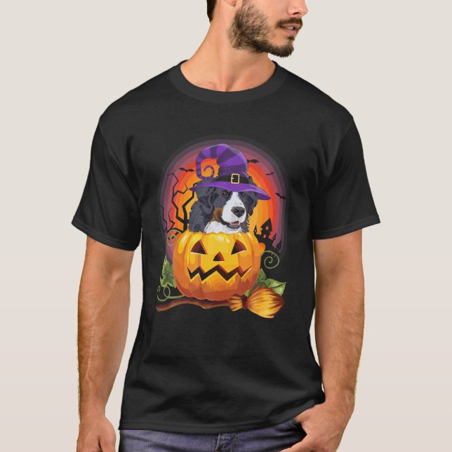 Bernese Mountain Witch Pumpkin Halloween Hund älsk T Shirt (Framsida)