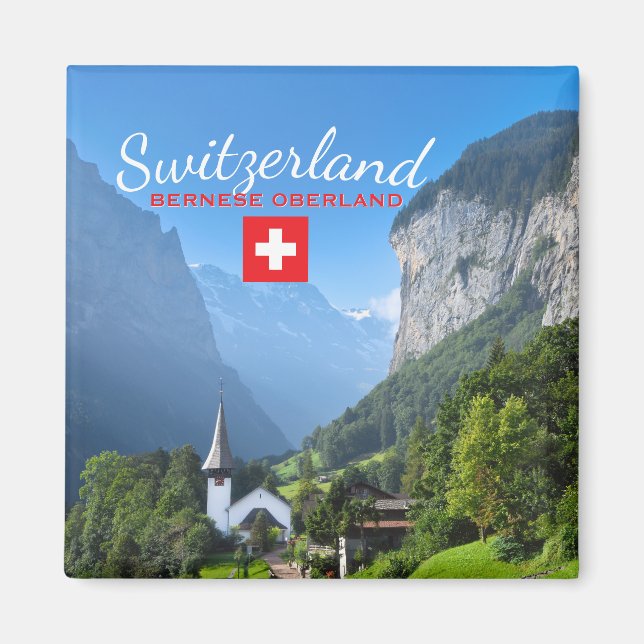 Bernese Oberland liggande, Schweiz med flagga Magnet (Framsidan)