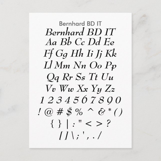 Bernhard BD IT - Zazzle Font Sampler Lakan Vykort (Framsida)