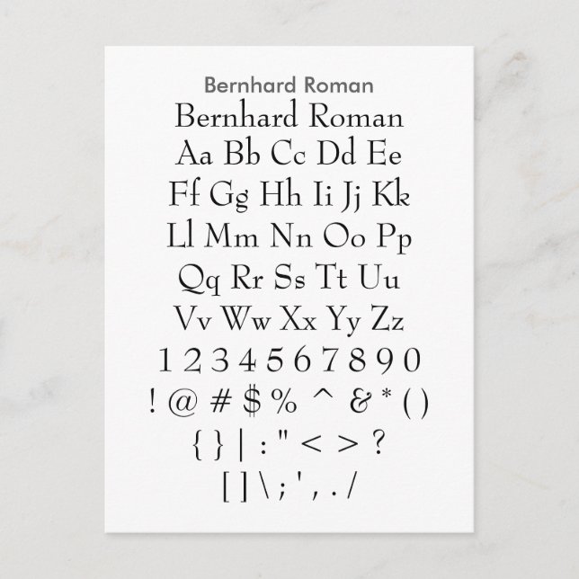 Bernhard Roman - Zazzle Font Sampler Lakan Vykort (Framsida)