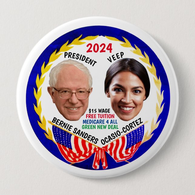 Bernie Sanders / AOC 2024 Button Knapp (Framsida)