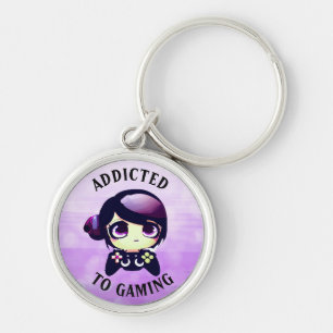 Beroende för spel Cute Kawaii Girl Gamer Rund Silverfärgad Nyckelring