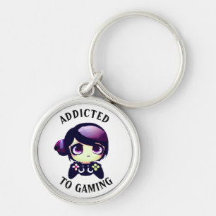 Beroende för spel Cute Kawaii Girl Gamer Rund Silverfärgad Nyckelring