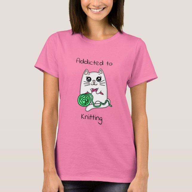 Beroende till Knitting | Cute Cat T Shirt (Framsida)
