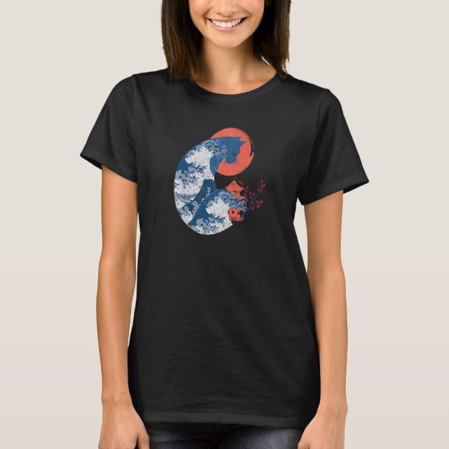 Berömd Underbar Wave Kanagawa Ukiyoe Neko Kaiju Wh T Shirt (Framsida)