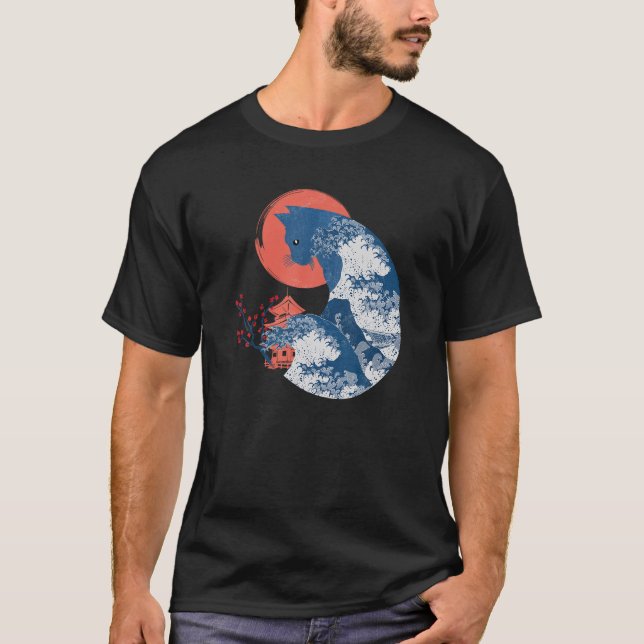 Berömd Underbar Wave Kanagawa Ukiyoe Neko Kaiju Wh T Shirt (Framsida)