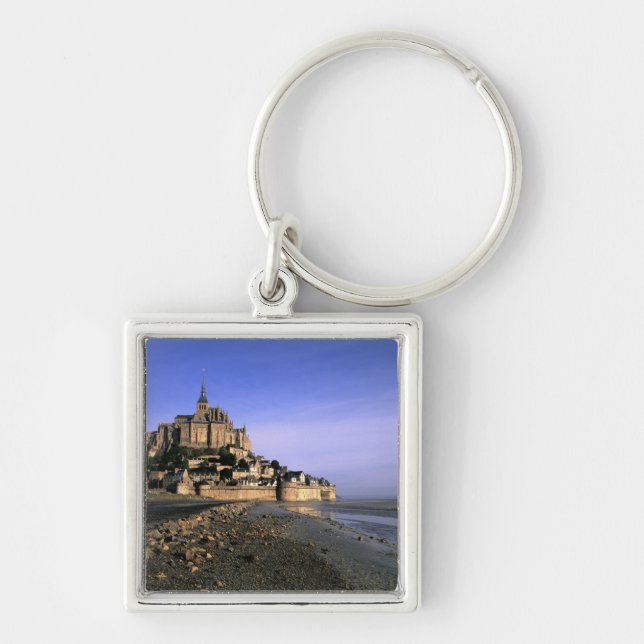 Berömda Le Mont St. Michel ö-fästning i Fyrkantig Silverfärgad Nyckelring (Framsidan)