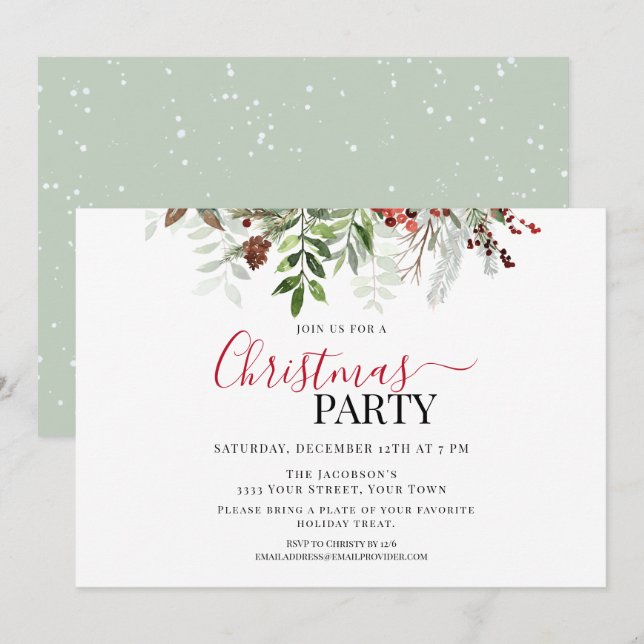 Berries och Grey Blommigt jul Party Inbjudningar (Fram/baksida)