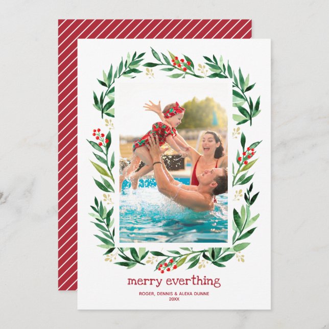 Berries och Grönt God jul Photo Julkort (Fram/baksida)