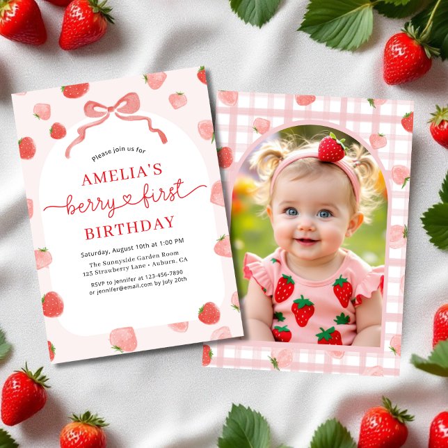 Berry 1:a födelsedag Foto Red Bow Girl Inbjudningar (Skapare uppladdad)