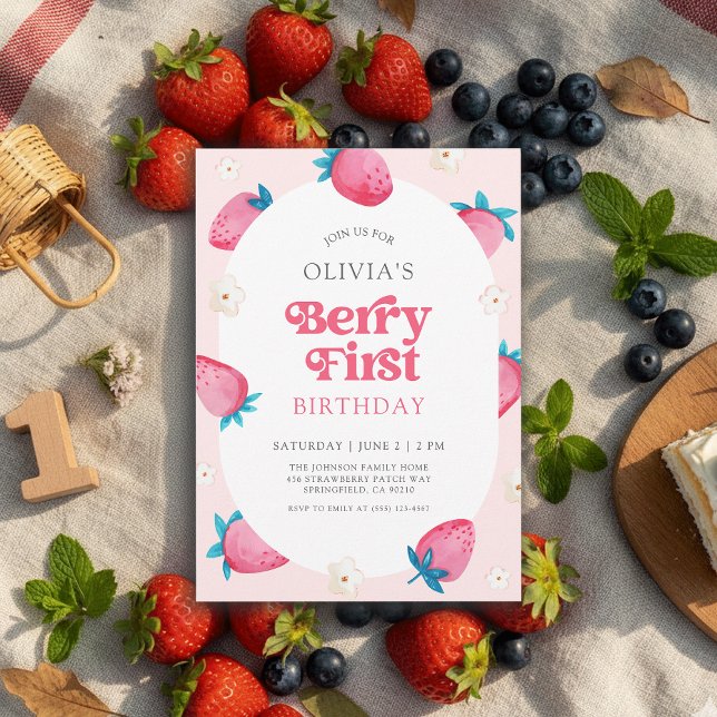 Berry 1:a födelsedag Jordgubbar 1:a Födelsedagsfes Inbjudningar (Skapare uppladdad)