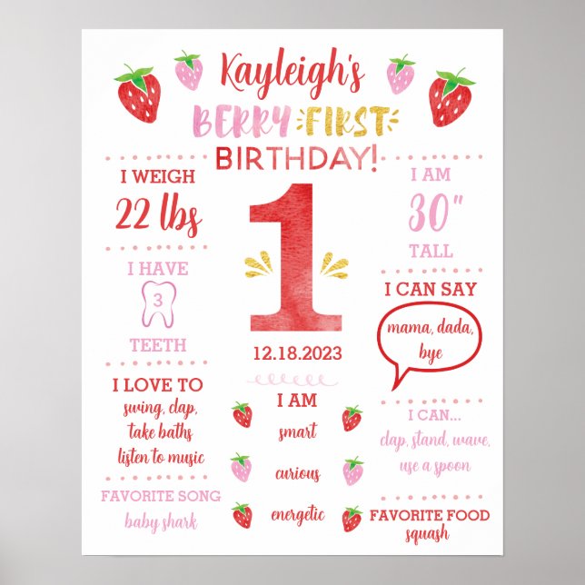 Berry 1:a födelsedag Milestone Poster Red Guld (Framsidan)
