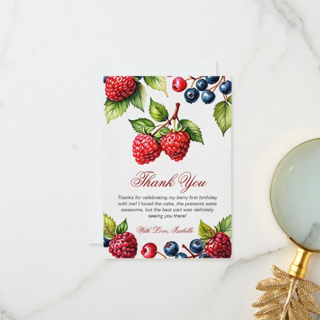 Berry 1:a födelsedag Party Berry First Photo Tack Kort (Fram/Back In Situ)