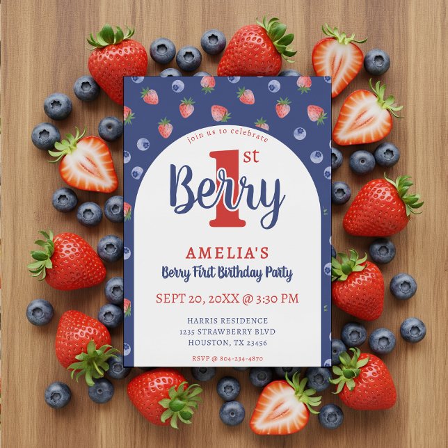 Berry 1:a födelsedag Party Strawberry Blueberry Bl Inbjudningar (Berry 1st Birthday Party Strawberry Blueberry Blue Invitation
)