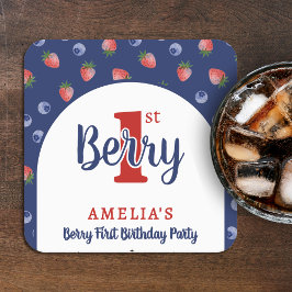Berry 1:a födelsedag Party Strawberry Blueberry Bl Underlägg Papper Kvadrat
