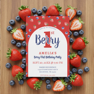 Berry 1:a födelsedag Party Strawberry Blueberry Re Inbjudningar