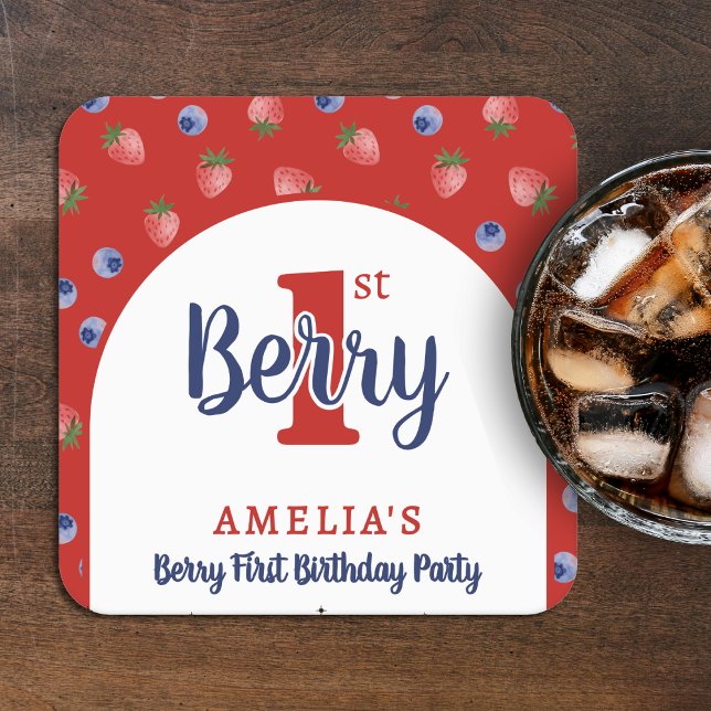 Berry 1:a födelsedag Party Strawberry Blueberry Re Underlägg Papper Kvadrat (Berry 1st Birthday Party Strawberry Blueberry Red Square Paper Coaster
)