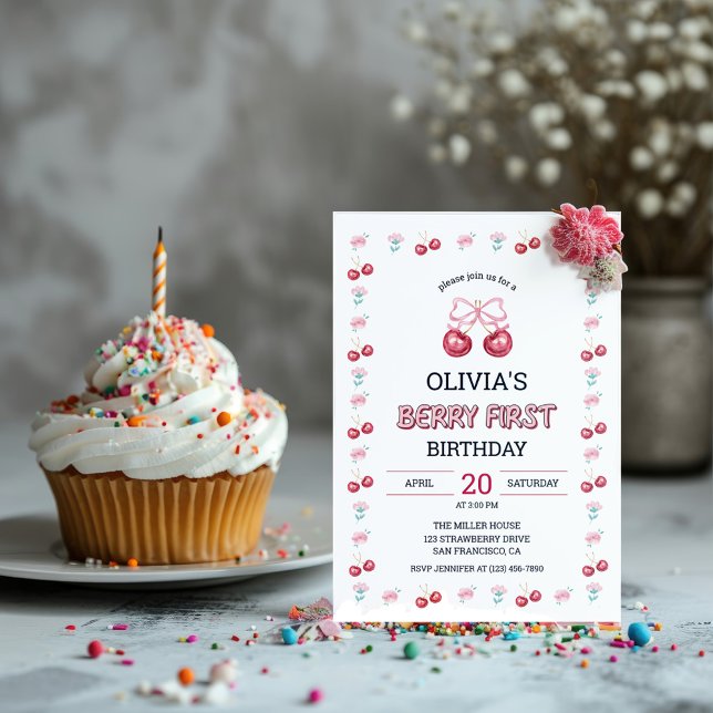 Berry 1:a födelsedags tjej körsbär fest inbjudningar (Cherry 1st birthday party invitation)