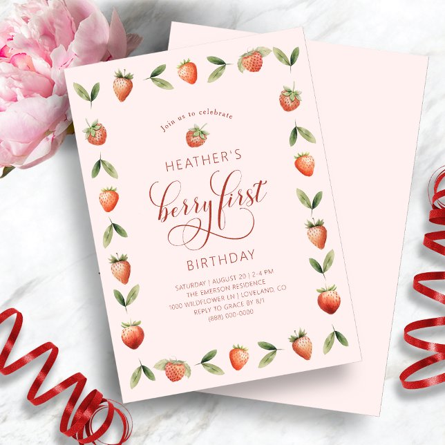 Berry 1:a födelsedagsinbjudan inbjudningar (Pink Berry First Photo Birthday Invitation by Painted Paperie
)