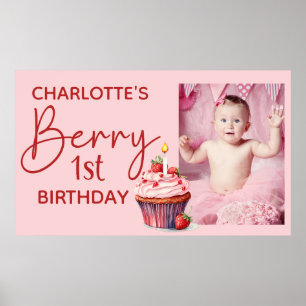 Berry 1-årsdag Rosa Röd Jordgubb Namn Foto Poster