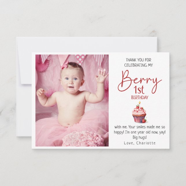Berry 1-årsdag Rosa Röd Tack Foto  Kort (Framsida)