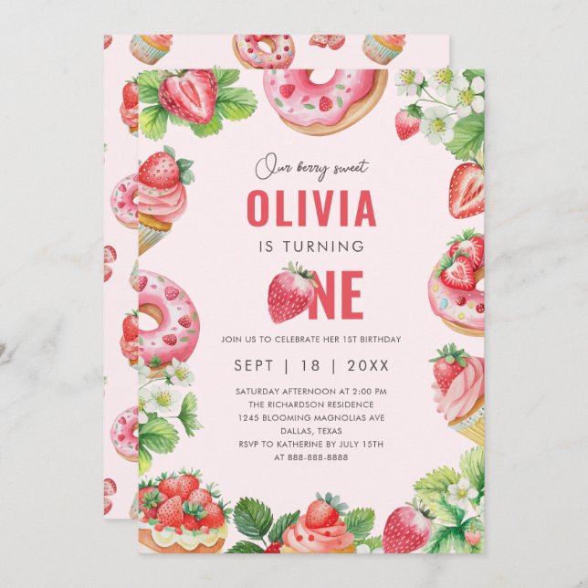 Berry 1st Birthday Rosa Sweet Strawberry Girl Inbjudningar (Fram/baksida)