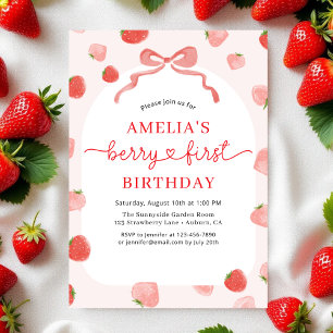 Berry 1st First Bow Strawberry Girl's Birthday Inbjudningar
