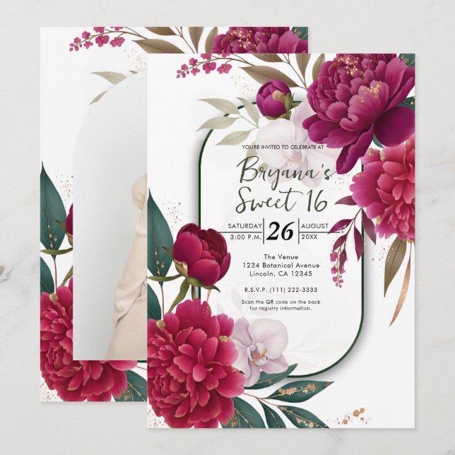Berry Bloom Trädgård Blommig Glamour Söt 16 Inbjudningar (Fram/baksida)