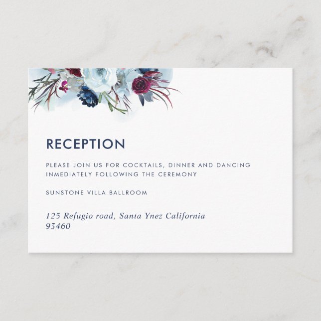 Berry Blue och Burgundy Wedding Reception /Details Tilläggskort (Framsida)